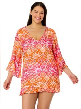 Anne Cole Plus Size Women’s Orange & Pink V-Neck Swim Cover-Up Tunic
